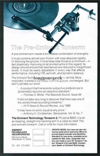 1986 Eminent Technology Turntable Tonearm 2 Stereo Hi - Fi Vtg Print Ad
