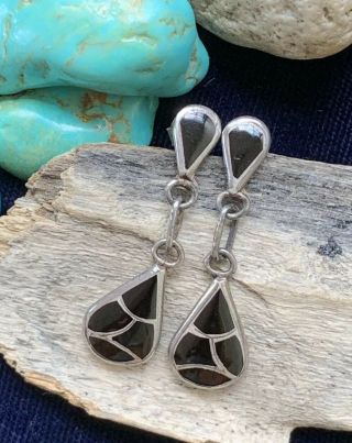 Vintage Native American Sterling Silver Black Onyx Earrings Hallmarked