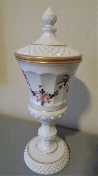 Vintage Westmoreland Milk Glass Tall Urn Candy Compote Hand Painted Roses & Bows