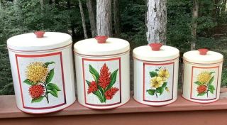 4 Pc Vintage Kitchen Canisters Metal Garden Flowers Red Yellow Set