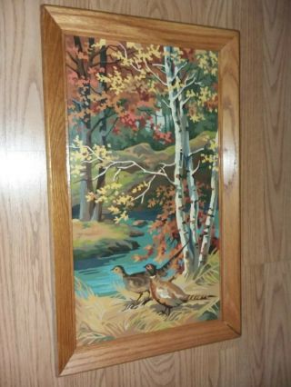 Vintage 20 1/2 X 12 Pair Pheasant Birch Oak Framed Art Paint By Number Painting