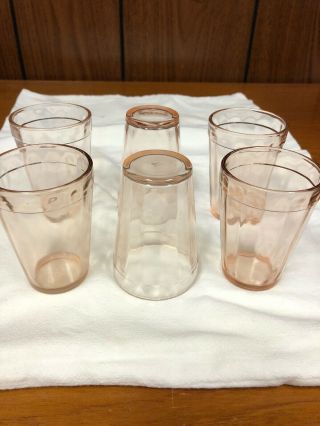Vintage Pink Depression Juice Glasses 3 Inch Panneled And Ribbed And Marked Set