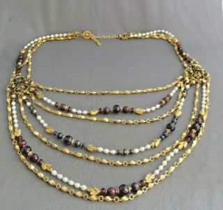 Vintage Jose & Maria Barrera Pearl Multi Strand Blue Purple Bead Bib Necklace