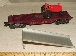 Vintage Marx O - Scale Erie 4528 Flatcar W/ Red Tractor,  Loading Ramp
