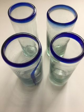Mexican Hand Blown Cobalt Blue Rimmed Tumblers/glasses (4) Vintage