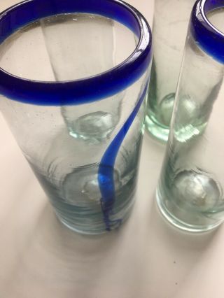 Mexican Hand Blown Cobalt Blue Rimmed Tumblers/Glasses (4) VINTAGE 2