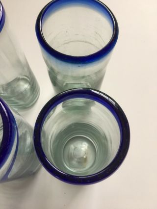 Mexican Hand Blown Cobalt Blue Rimmed Tumblers/Glasses (4) VINTAGE 3
