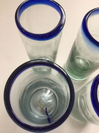 Mexican Hand Blown Cobalt Blue Rimmed Tumblers/Glasses (4) VINTAGE 4