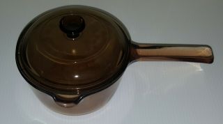 Vintage Pyrex Corning Vision Ware Glass Sauce Pan Pot Amber Brown 1l With Lid