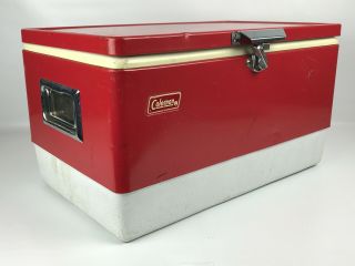 Vintage 80s Red Metal Coleman Cooler With Metal Latch And Handles -