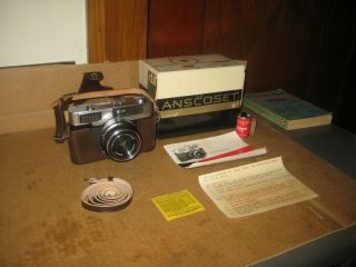 Vintage Ansco Anscoset 35mm Camera With F/2.  8 Rokkor Lens W/ Box & Leather Case
