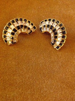 Vintage Estate Gold Tone Black Clear Rhinestone Crescent Clip Earrings