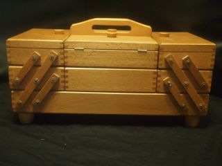 Wooden Accordian Sewing / Craft Box Vintage