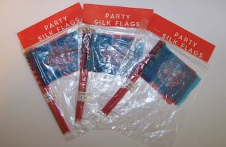 3 X Vintage Miniature Silk Flags Party Favors Nip - - Us,  Canada,  France,  Uk & Un