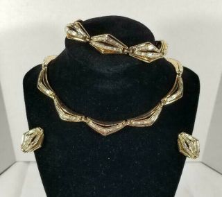 Vintage Retro Trifari Necklace Bracelet Clip - On Earrings Set Rhinestone