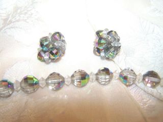 Eye Catching Vintage Aurora Borealis Necklace Choker & Cluster Clip Earrings