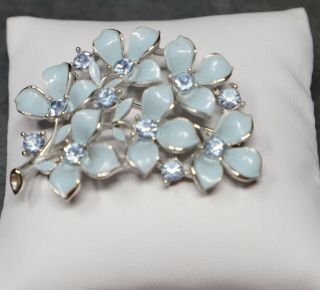 Vintage Lisner Blue Enamel Rhinestone Flower Brooch Pin 2”