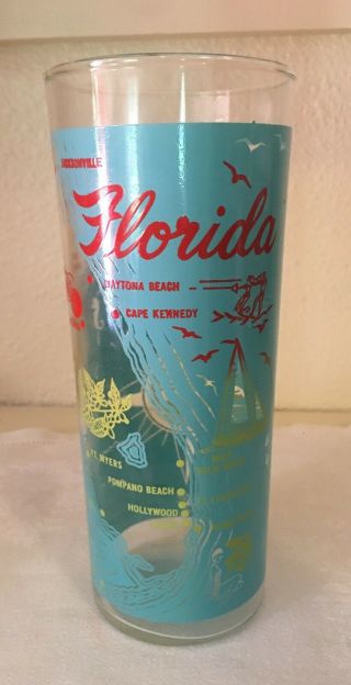 Vintage 1960 ' s Florida State Souvenir Glass Anchor Hocking 14 oz Aqua High Ball 5