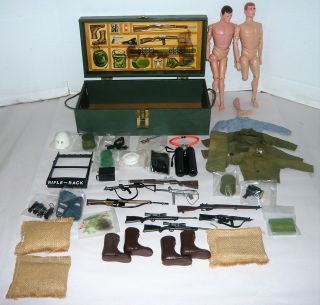 1 Vintage 2 G.  I.  Joe Figures W/weapons,  Access,  & Wooden Footlocker