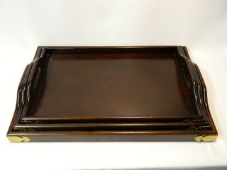 Vintage Mid - Century 3 - Pc Brown Laquer Nested Serving Tray Set W/ Brass Corners