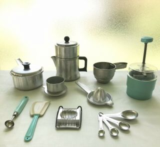 Vintage Kitchen Utensils,  Pan,  Sifter,  Chopper,  Percolator - Aluminum & Turquoise