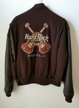 Hard Rock Cafe Nashville Mens Small Brown Wool Leather Bomber Jacket Vintage