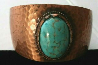 Vintage Navajo Artisan Hammered Copper Turquoise Cabochon Cuff Bracelet Vguc 38g