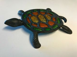 Vintage Cast Iron Stained Glass Turtle Trivet