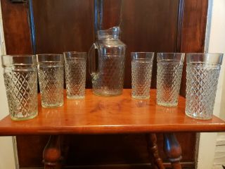 Vintage Clear Glass Pitcher & 6 Glasses Ice Tea Set,  Diamond Pattern