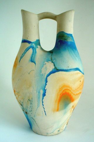 Vintage Nemadji Wedding Vase With Blue And Orange Swirled Clay Signed