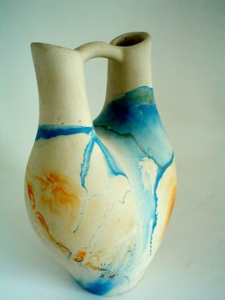 Vintage Nemadji Wedding Vase with Blue and Orange Swirled Clay Signed 2