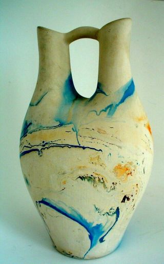 Vintage Nemadji Wedding Vase with Blue and Orange Swirled Clay Signed 3