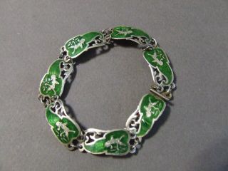 Vintage Green Enamel Sterling Silver Signed Siam Thai Dancers Link Bracelet