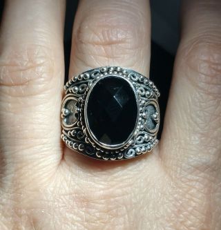 Vtg Suarti Ba Indonesia Sterling Silver 3/4 " High Faceted Black Onyx Ring Sz 9