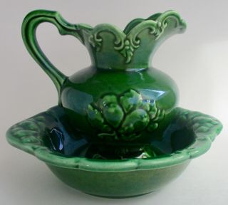 Vintage Camark Art Pottery Green 224 Water Pitcher And Matching Green Wash Bowl