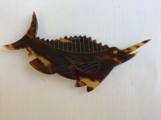 Vintage Sailfish Sword Fish Faux Carved Tortoise Shell Brooch Pin