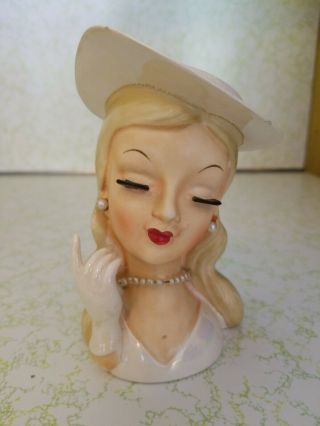 Vintage Lady Head Vase.  1115.  Blonde Hair,  Pearls,  Gloved Hand,  Eyelashes,  White
