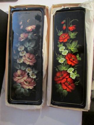 2 Vintage Hand Painted Toleware Trays 6 3/8 Inches X 17 3/4 Inches From Russia
