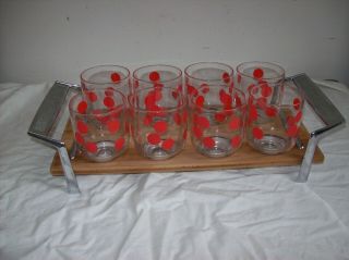 Vintage Mid Century Red / Pink Polka Dot Drinking Glass Set With Carry Tray