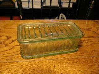 Vintage Green Vaseline Glass Refrigerator Dish Depression Ribbed Loaf Pan