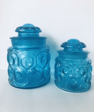 2 Vintage L.  E Smith Moon And Stars Turquoise Blue Glass Canister Jars With Lids