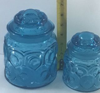 2 Vintage L.  E Smith Moon And Stars Turquoise Blue Glass Canister Jars with Lids 8