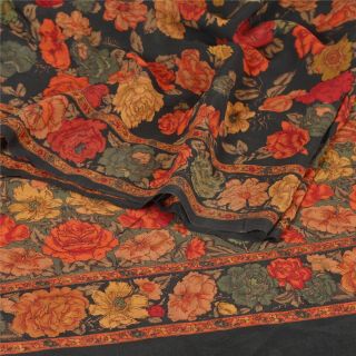 Sanskriti Vintage Black Saree Pure Crepe Silk Printed Fabric 5 Yard Craft Sari 2