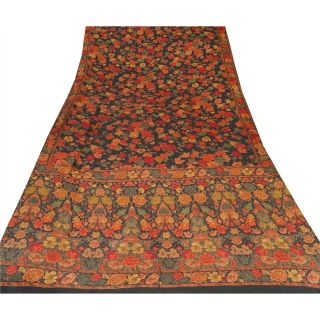 Sanskriti Vintage Black Saree Pure Crepe Silk Printed Fabric 5 Yard Craft Sari 3