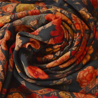 Sanskriti Vintage Black Saree Pure Crepe Silk Printed Fabric 5 Yard Craft Sari 4