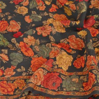 Sanskriti Vintage Black Saree Pure Crepe Silk Printed Fabric 5 Yard Craft Sari 5