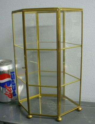 Vintage Hexagon Brass & Glass 3 Tier Curio Display Shelf Cabinet Ball Feet