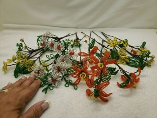 Vintage 17 Stems French Glass Seed Beaded Hand Made Flowers Yellow Orange White