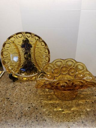 2 Vintage L.  E.  Smith Amber Moon And Stars Glass Relish Dish And Boat