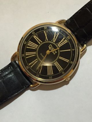 Vintage Guess Mens Gold Toned Watch Black Leather Band W/ Battery